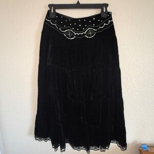 Womens 10 Maxi Skirt Tiered Silk Black Velvet Sequin Coachella Fairy Grunge Lace